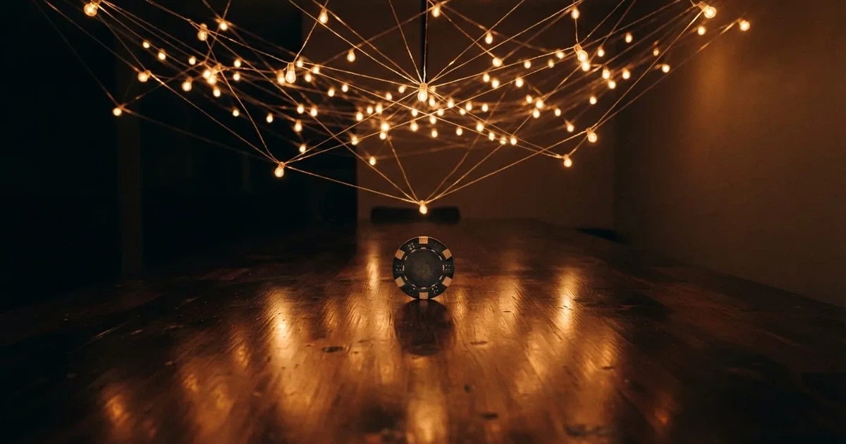 Una rete di piccole luci collegate tra loro sospesa sopra un tavolo in una stanza buia.